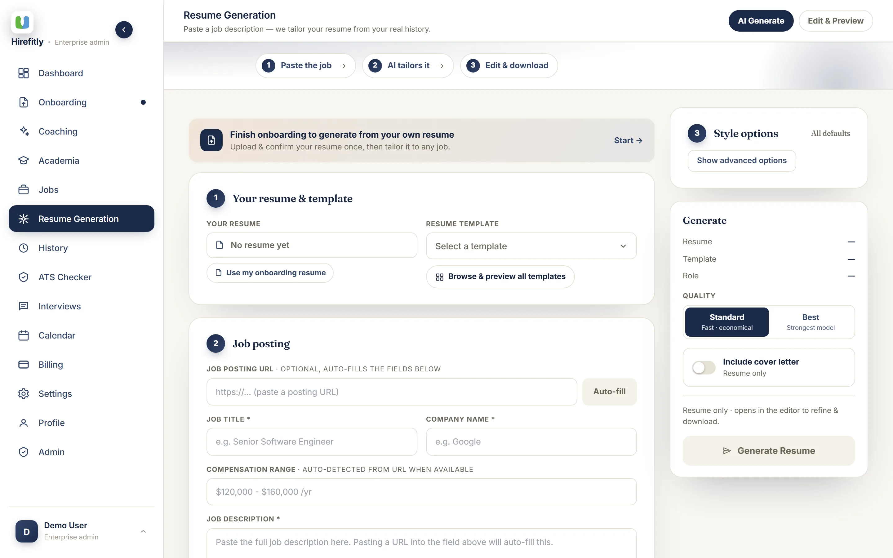 The Cuvit AI resume builder with a job posting form, template picker and generation options